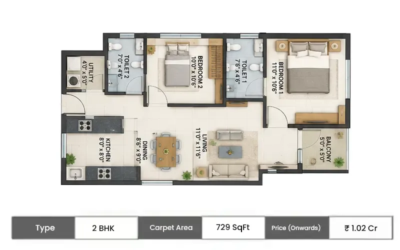 Birla Vanya 2 BHK floor plan, 729 sq ft carpet area